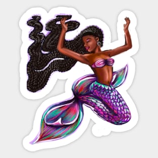 mermaid with flowing braids 2, brown eyes curly Afro hair and caramel brown skin. Black mermaid Sticker